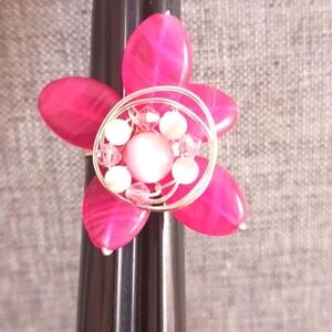 Pink Fairy Flower Czech Glass and Swarovski Beaded Wire Ring - New Item (Sz 8)